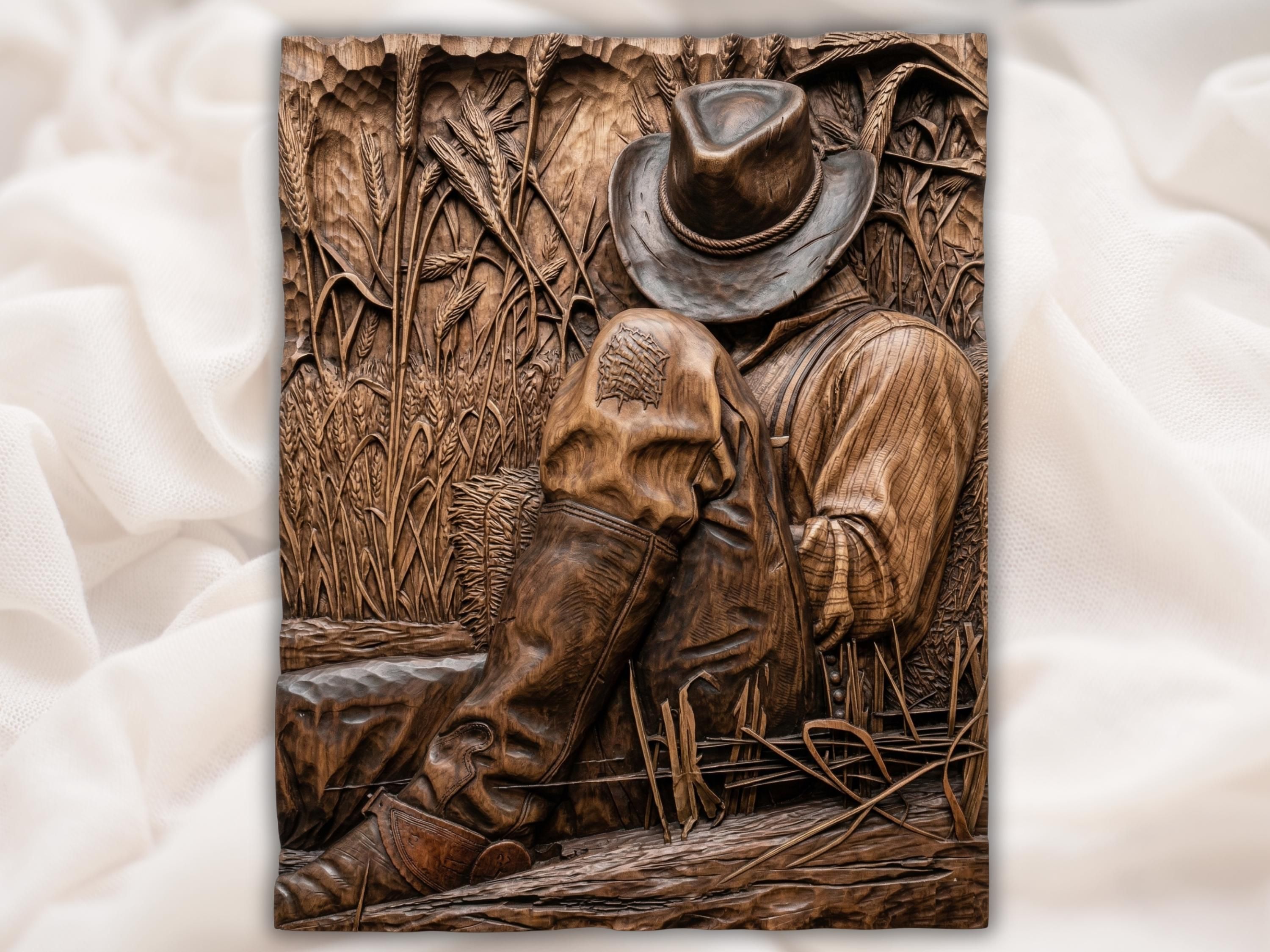 Carved wood bas-relief of a kneeling cowboy with bowed head and hat praying in a wheat field with hay bale.
