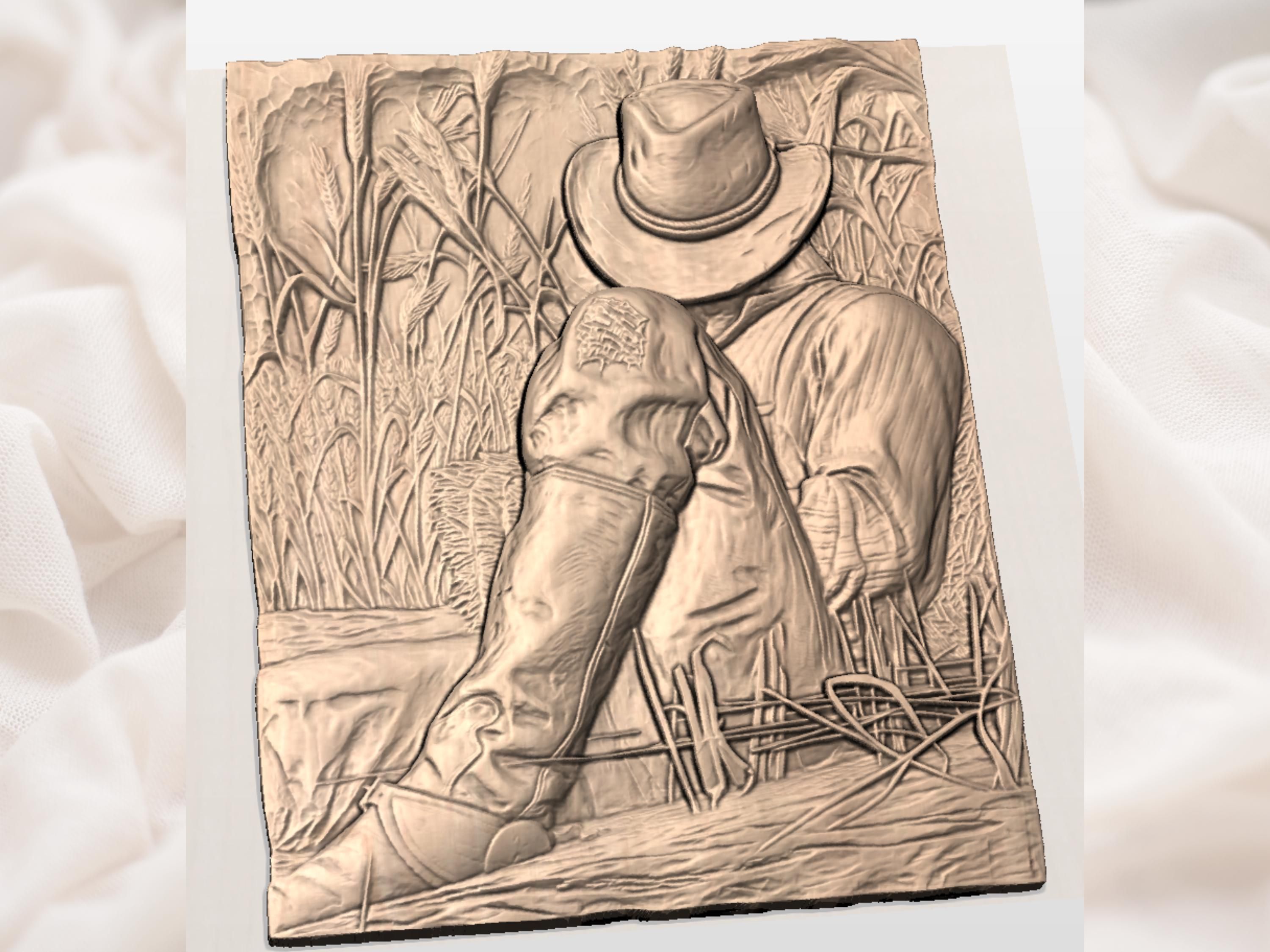 Kneeling Cowboy in Prayer Bas-Relief Western Wheat Field STL bas-relief STL — view 2