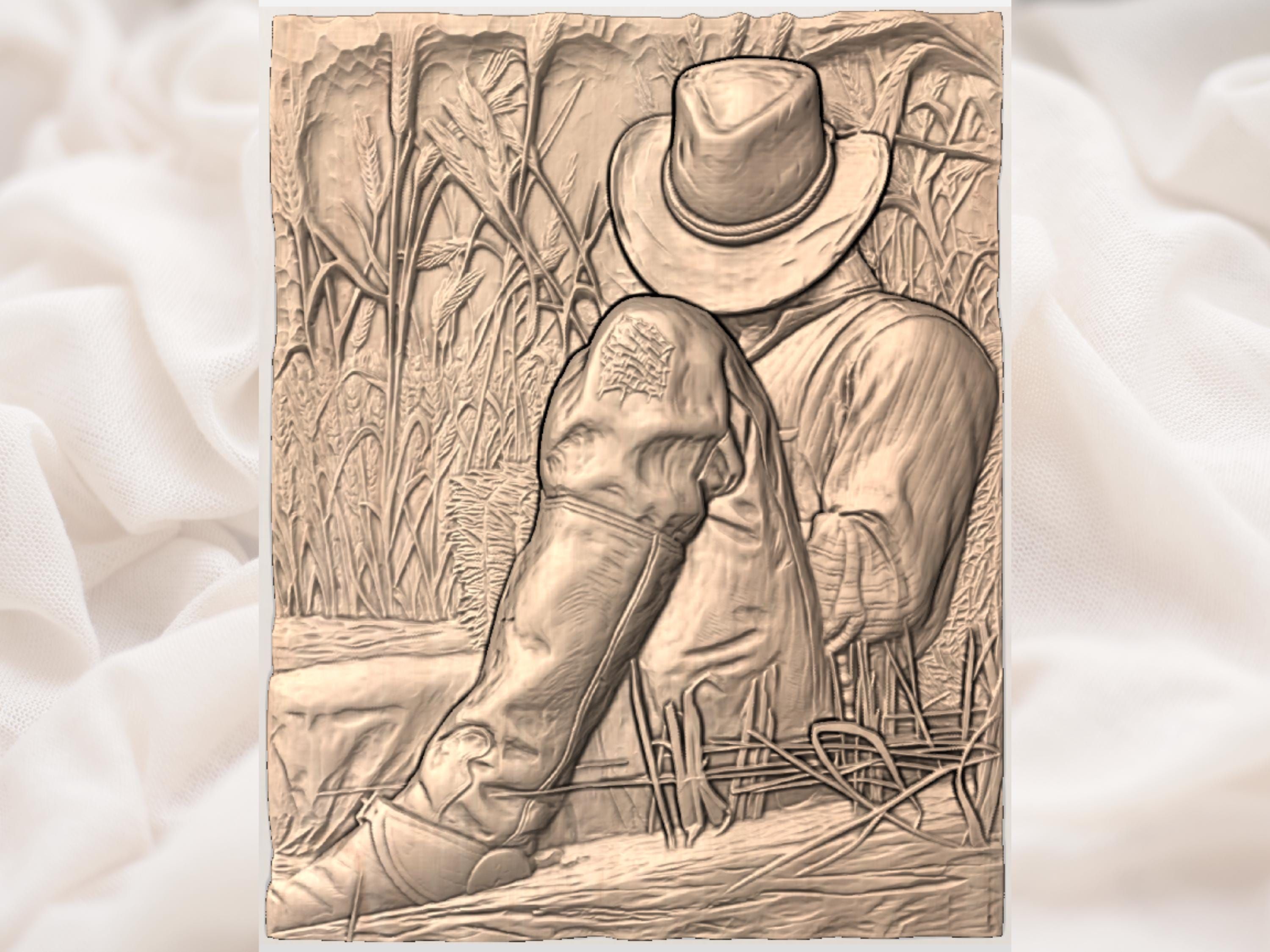 Kneeling Cowboy in Prayer Bas-Relief Western Wheat Field STL bas-relief STL — view 3