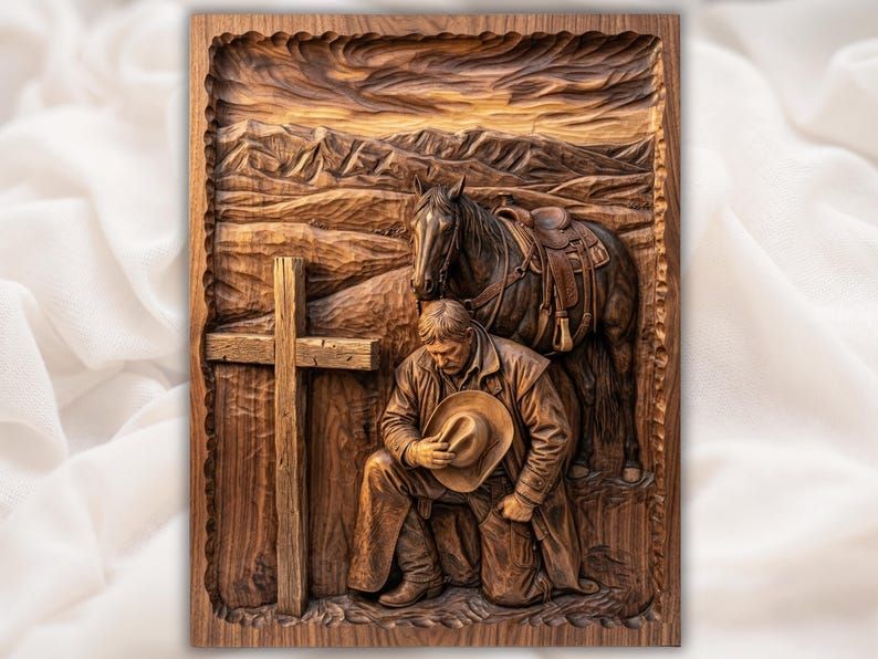Bas-relief carving of a kneeling cowboy holding his hat by a wooden cross, with his saddled horse and mountains behind.