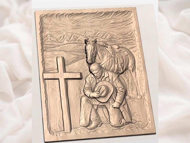 Praying Cowboy at the Cross with His Horse Bas-Relief STL bas-relief STL — view 2