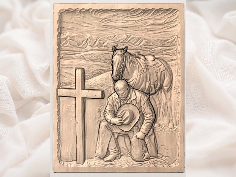 Praying Cowboy at the Cross with His Horse Bas-Relief STL bas-relief STL — view 3