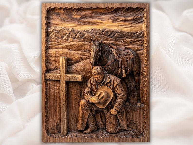 Praying Cowboy at the Cross with His Horse Bas-Relief STL bas-relief STL design