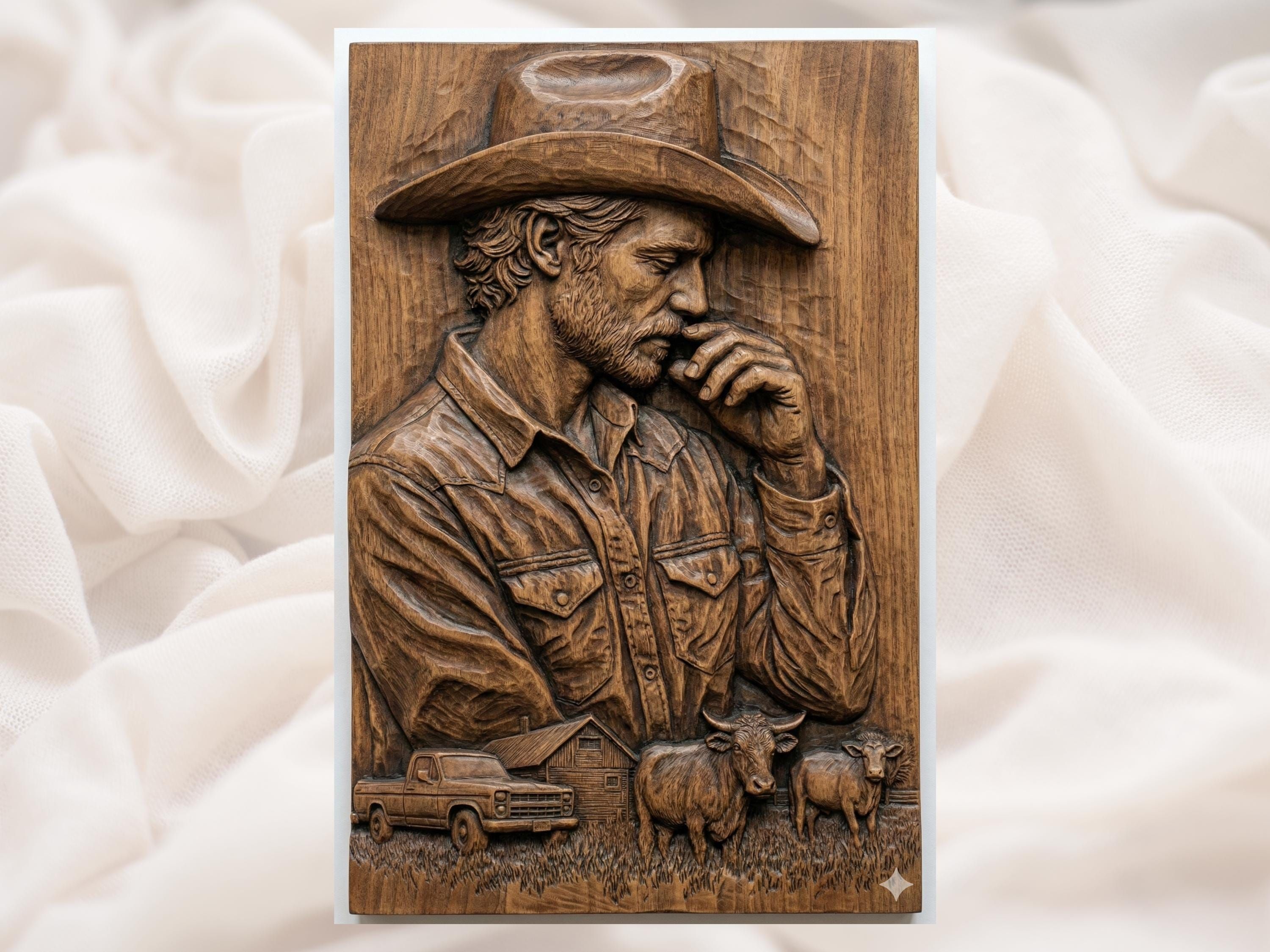 Carved wood bas-relief of a cowboy in a hat with hand to face, barn, pickup truck and longhorn behind him.