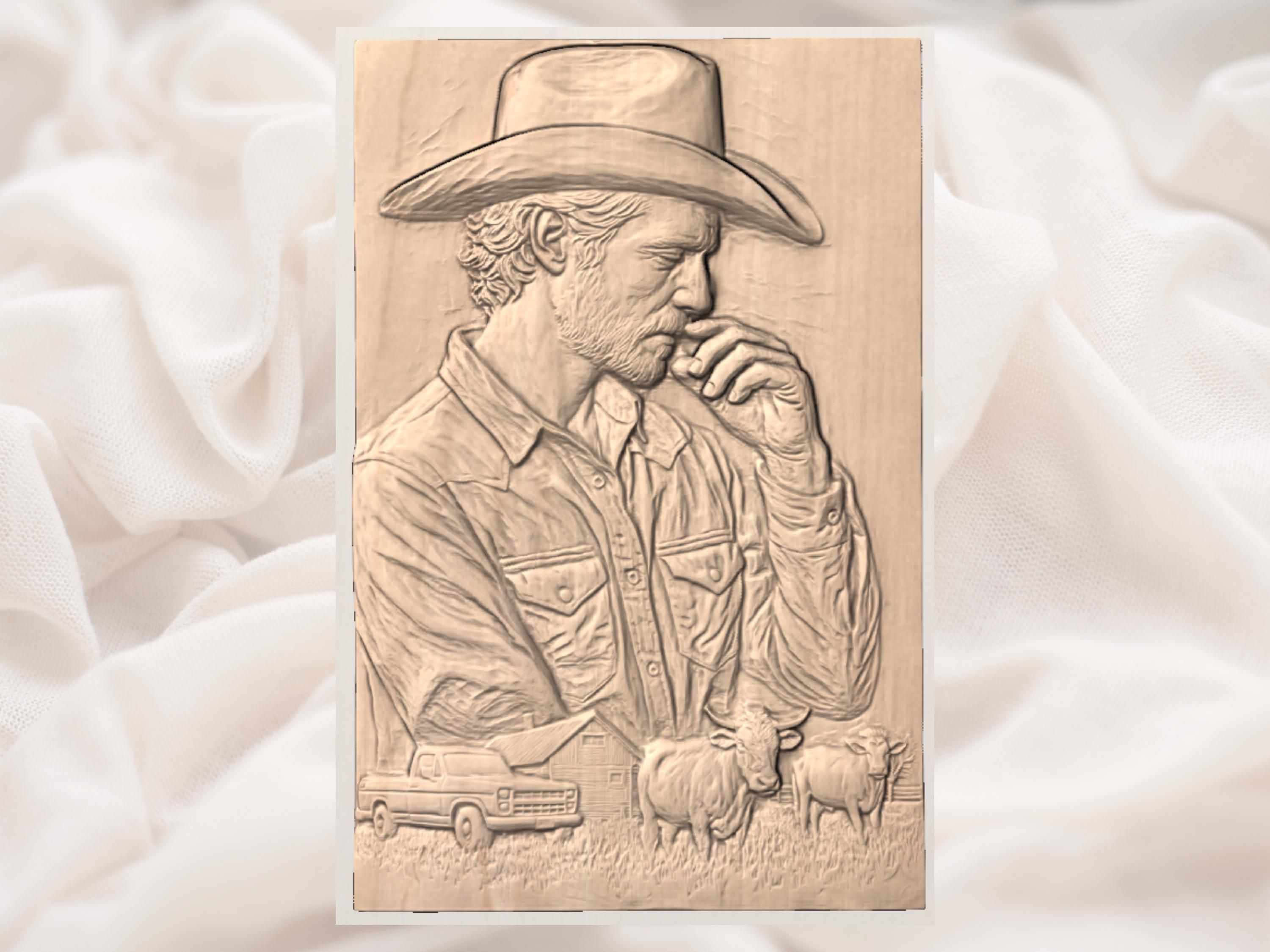 Weathered Cowboy in Thought STL with Barn, Truck and Longhorn bas-relief STL — view 2