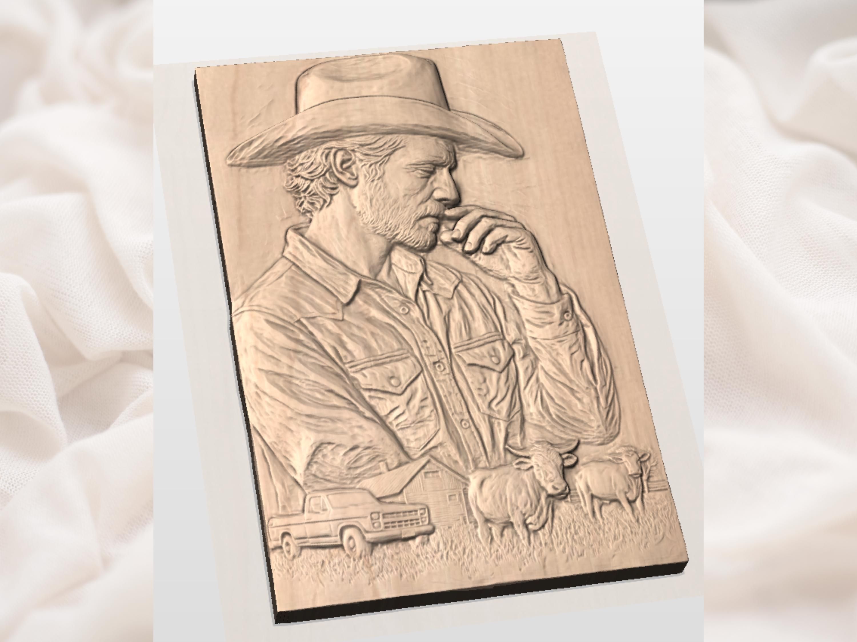 Weathered Cowboy in Thought STL with Barn, Truck and Longhorn bas-relief STL — view 3
