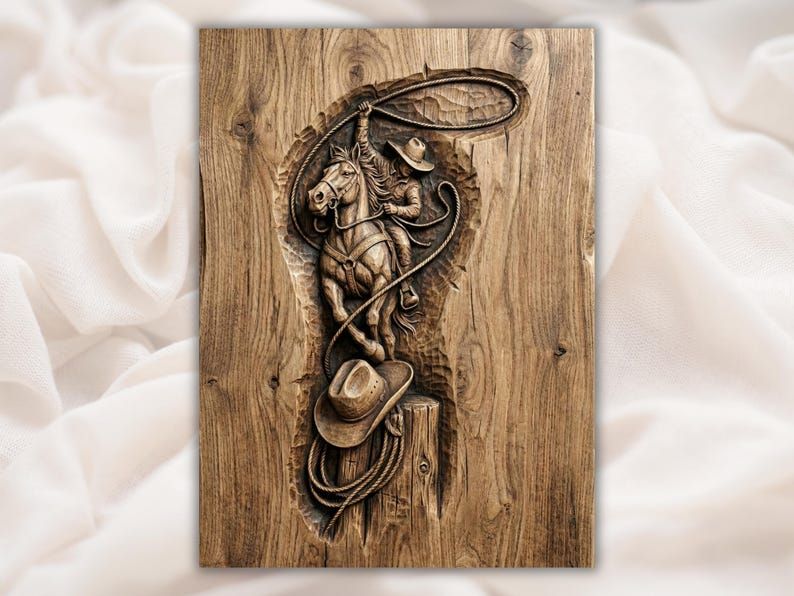 Carved wood relief of a cowboy on a rearing horse swinging a lasso above a hat on a fence post