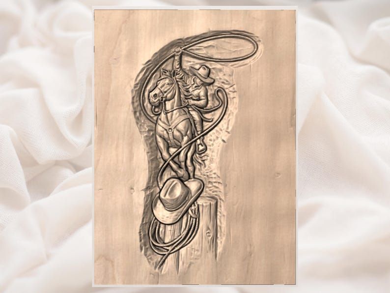Bronc Rider and Lasso Cowboy Bas-Relief STL Carving bas-relief STL — view 2