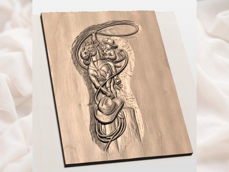 Bronc Rider and Lasso Cowboy Bas-Relief STL Carving bas-relief STL — view 3