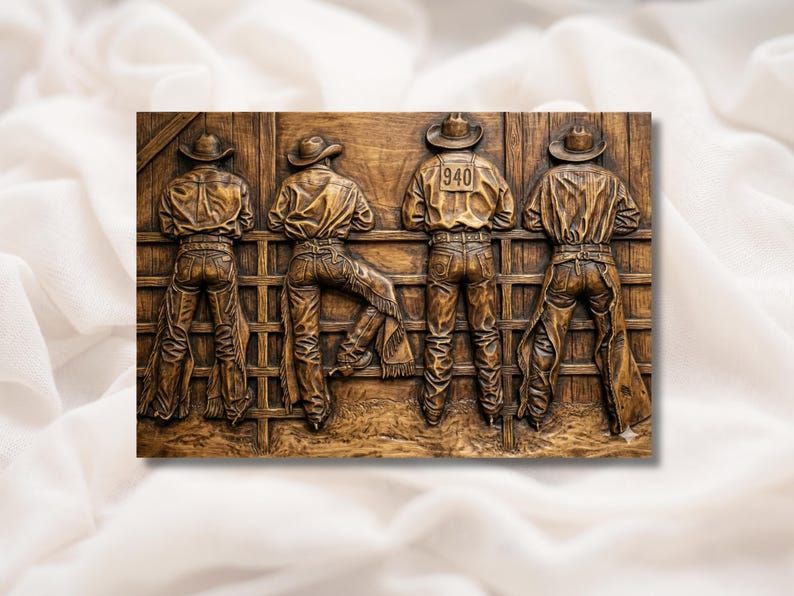 Wood bas-relief of four cowboys from behind leaning on a rodeo chute rail in hats, chaps, and denim