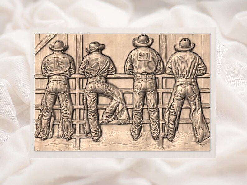 Four Cowboys at the Rodeo Chute Rail Bas-Relief STL bas-relief STL — view 2