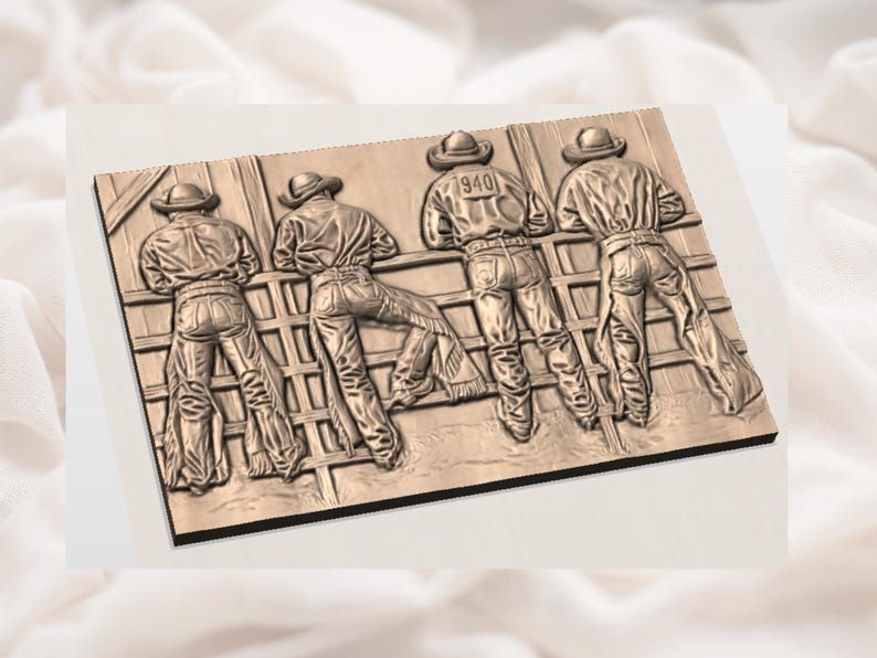 Four Cowboys at the Rodeo Chute Rail Bas-Relief STL bas-relief STL — view 3