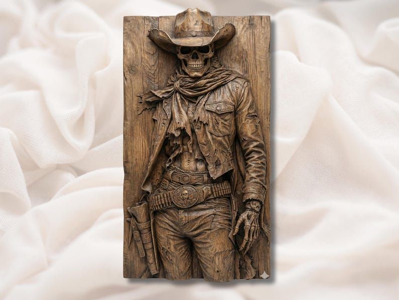 Carved wood relief of a skeleton cowboy in a hat and torn jacket with a skull belt buckle and holster