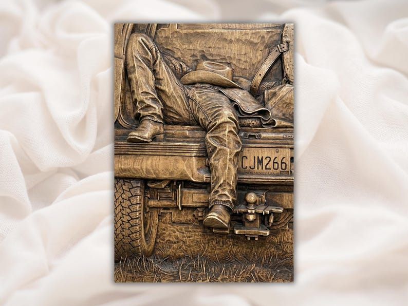 Carved relief of a cowboy lying back on a pickup truck tailgate with boots, hat, and saddle.