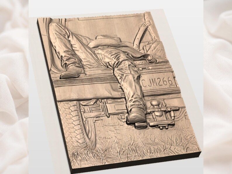 Cowboy Resting on Truck Tailgate Bas-Relief STL Scene bas-relief STL — view 2