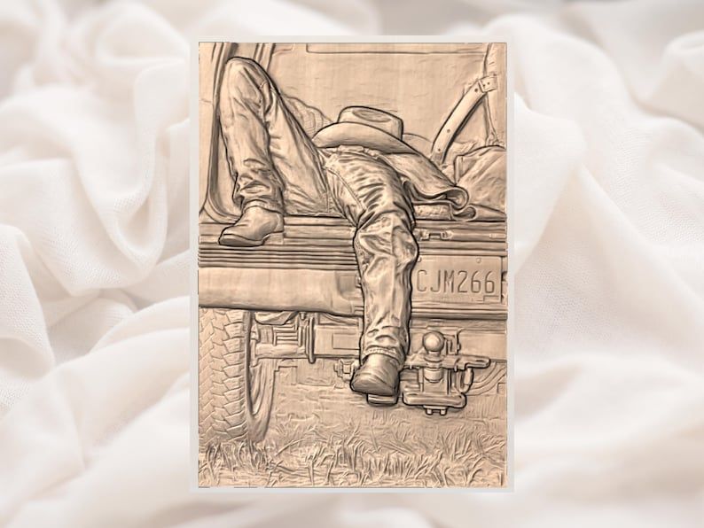 Cowboy Resting on Truck Tailgate Bas-Relief STL Scene bas-relief STL — view 3
