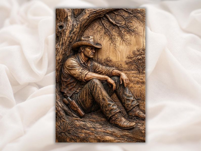 Bas-relief wood carving of a cowboy in a hat resting against a tree with boots crossed and grass nearby