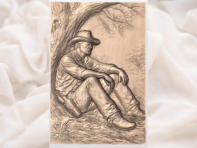 Resting Cowboy Under a Tree Bas-Relief STL Carving File bas-relief STL — view 3