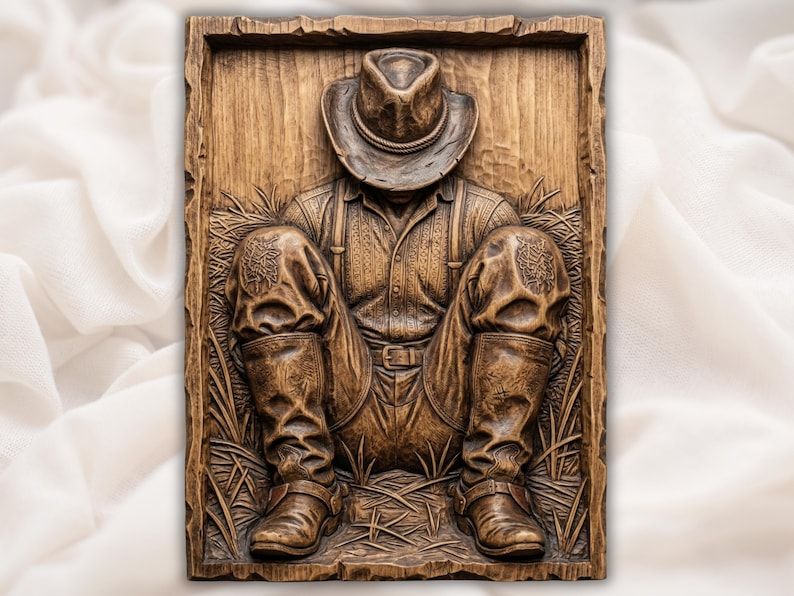 Carved wood bas-relief of a kneeling cowboy in prayer with bowed hat, boots, and wheat field around him