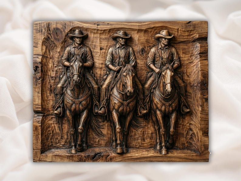Carved wood bas-relief of three cowboys in hats riding horses side by side across a rectangular panel.