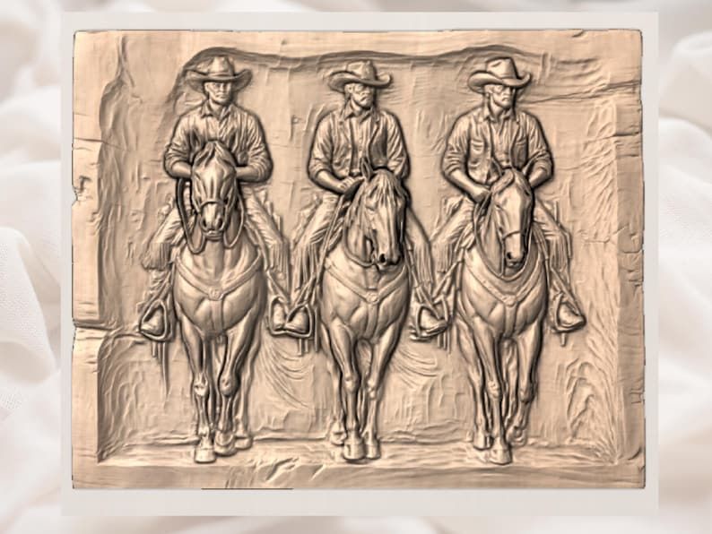 Three Cowboys on Horseback Bas-Relief STL for CNC Carving bas-relief STL — view 2