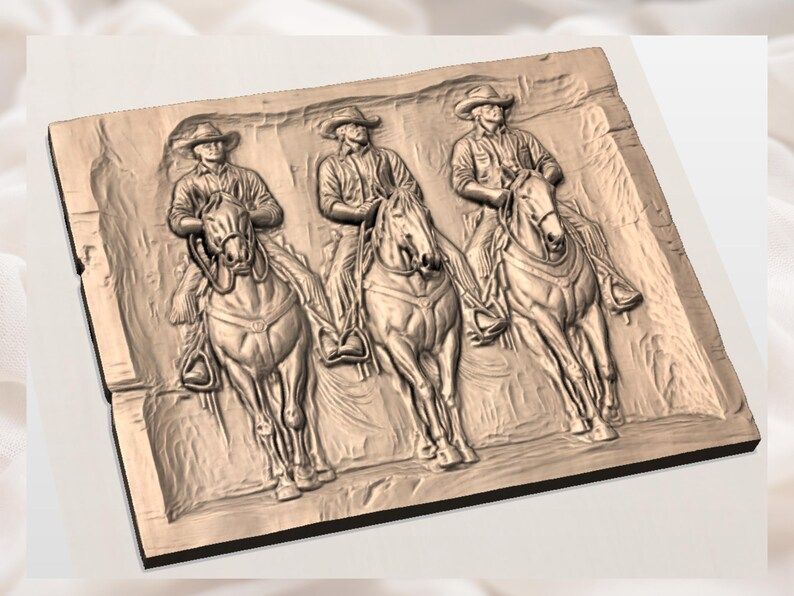 Three Cowboys on Horseback Bas-Relief STL for CNC Carving bas-relief STL — view 3