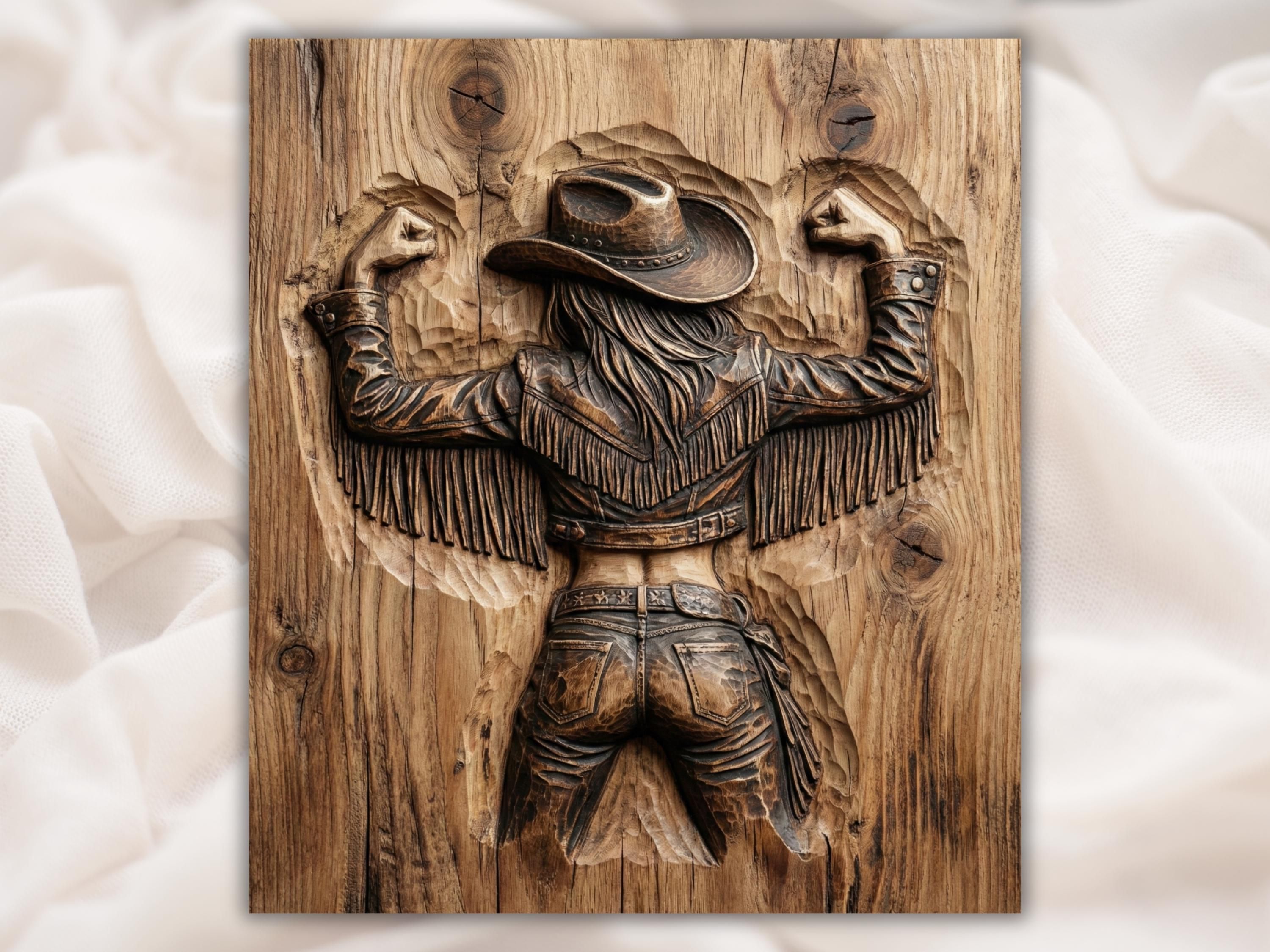 Bas-relief wood carving of a cowgirl seen from behind in a hat, fringe jacket, and denim jeans.
