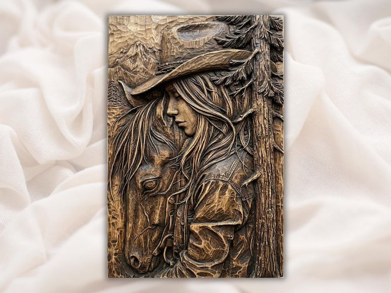 Carved wood bas-relief of a cowgirl in a hat resting against her horse with pine trees and mountains behind