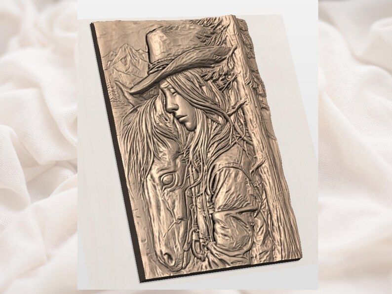Cowgirl and Her Horse Bas-Relief, Western Ranch STL Carving bas-relief STL — view 2