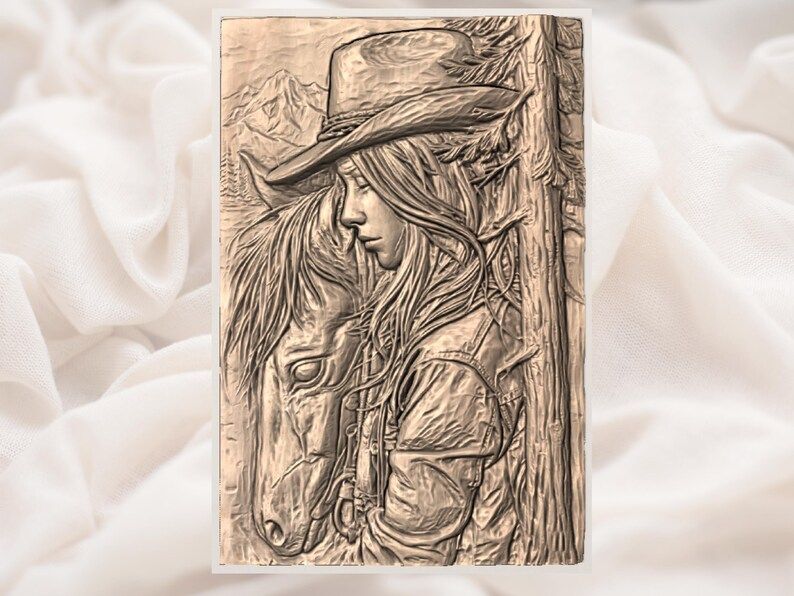 Cowgirl and Her Horse Bas-Relief, Western Ranch STL Carving bas-relief STL — view 3
