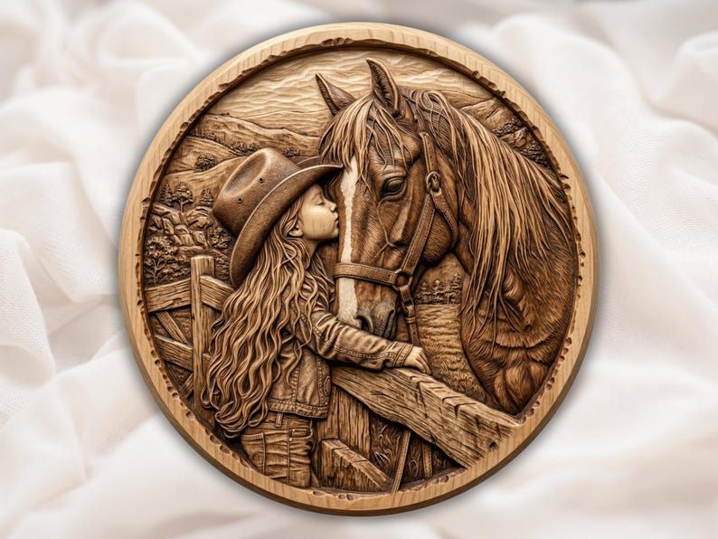 Round wood bas-relief of a cowgirl in a hat kissing her horse over a fence with hills behind