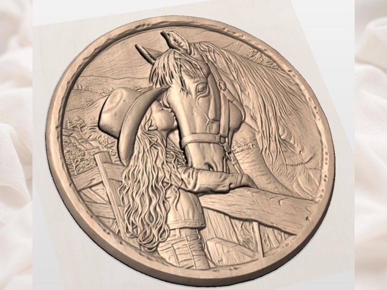Cowgirl Kissing Her Horse Round Bas-Relief STL Carving bas-relief STL — view 2