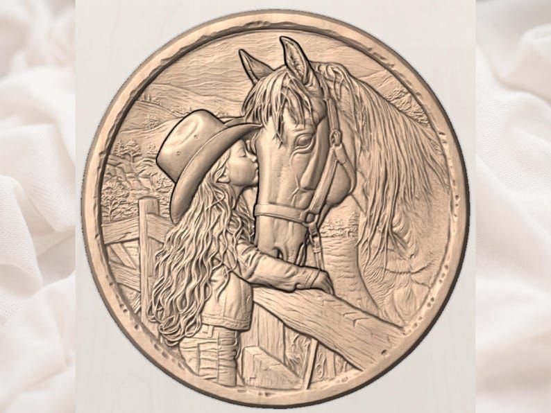 Cowgirl Kissing Her Horse Round Bas-Relief STL Carving bas-relief STL — view 3