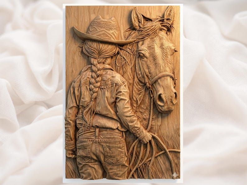 Carved wood bas-relief of a braided cowgirl standing beside her horse, seen from behind in denim jacket and jeans