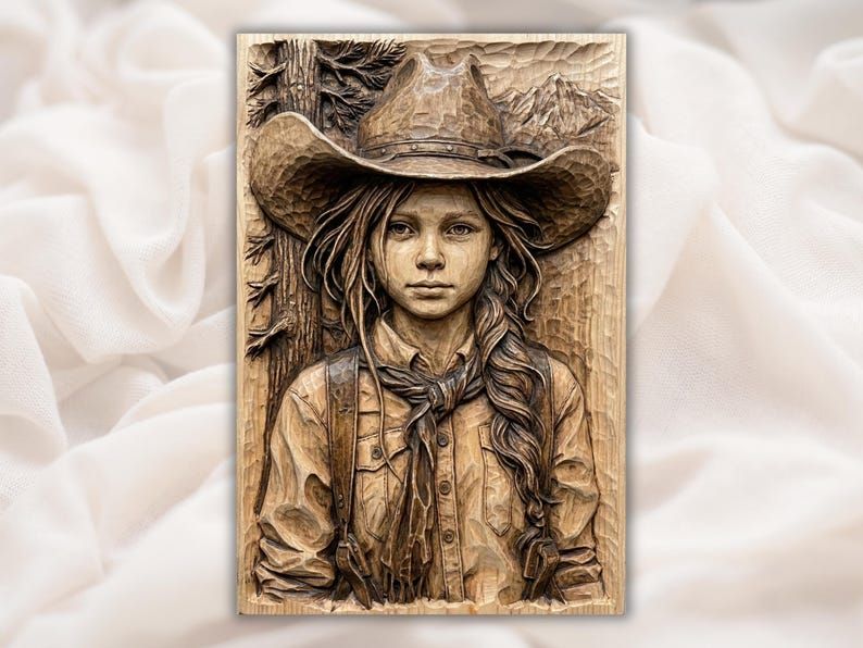 Carved wood bas-relief of a young cowgirl in a wide hat with a braid, bandana, and pine and mountain backdrop.