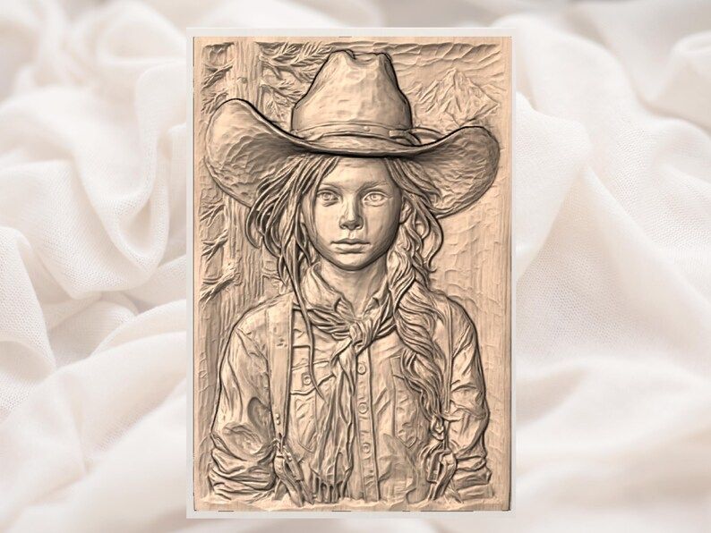 Young Cowgirl Portrait in Hat and Braid Bas-Relief STL bas-relief STL — view 2