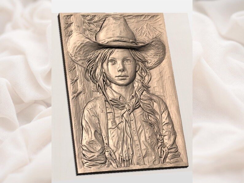 Young Cowgirl Portrait in Hat and Braid Bas-Relief STL bas-relief STL — view 3