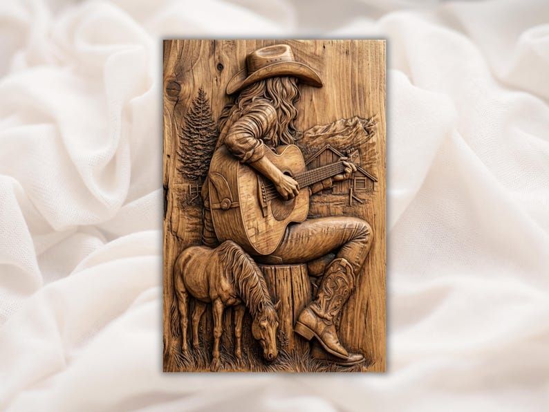 Carved wood bas-relief of a cowgirl playing guitar with a grazing horse, boots, pine tree, and ranch cabin