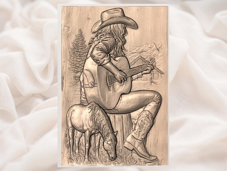 Cowgirl with Guitar and Grazing Horse Bas-Relief STL bas-relief STL — view 2