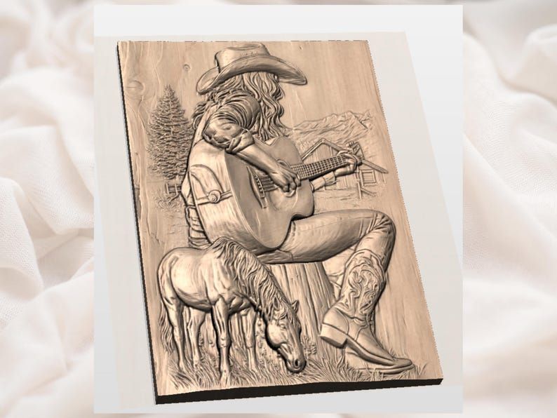 Cowgirl with Guitar and Grazing Horse Bas-Relief STL bas-relief STL — view 3