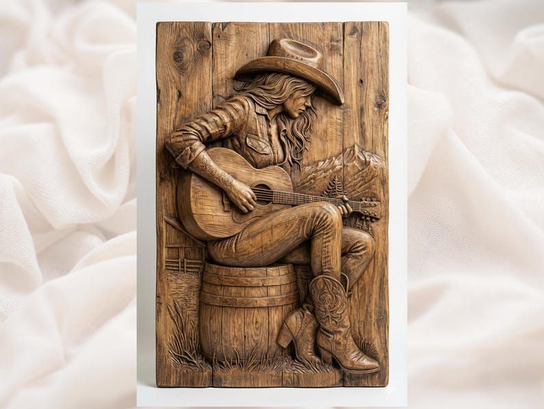Carved wood relief of a cowgirl in a hat playing guitar while seated on a barrel, mountains behind her