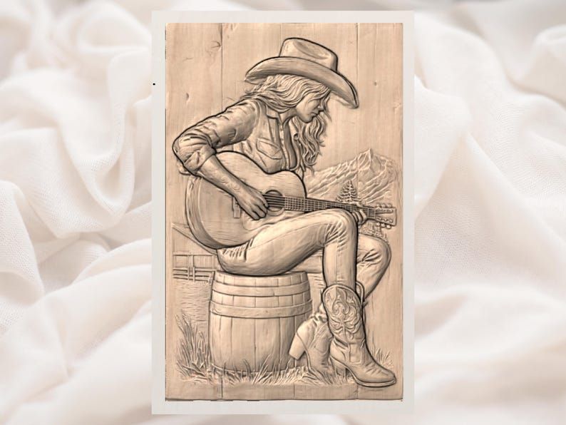 Cowgirl Strumming Guitar on a Whiskey Barrel Relief STL bas-relief STL — view 2