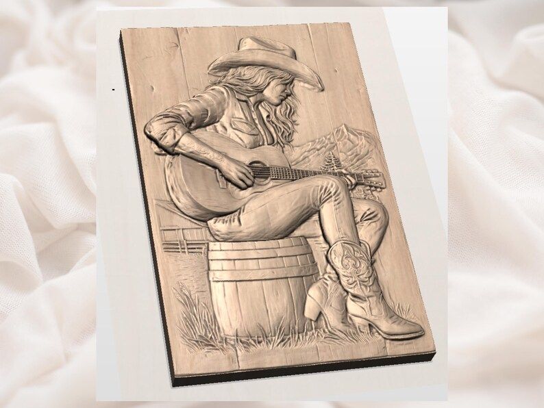 Cowgirl Strumming Guitar on a Whiskey Barrel Relief STL bas-relief STL — view 3