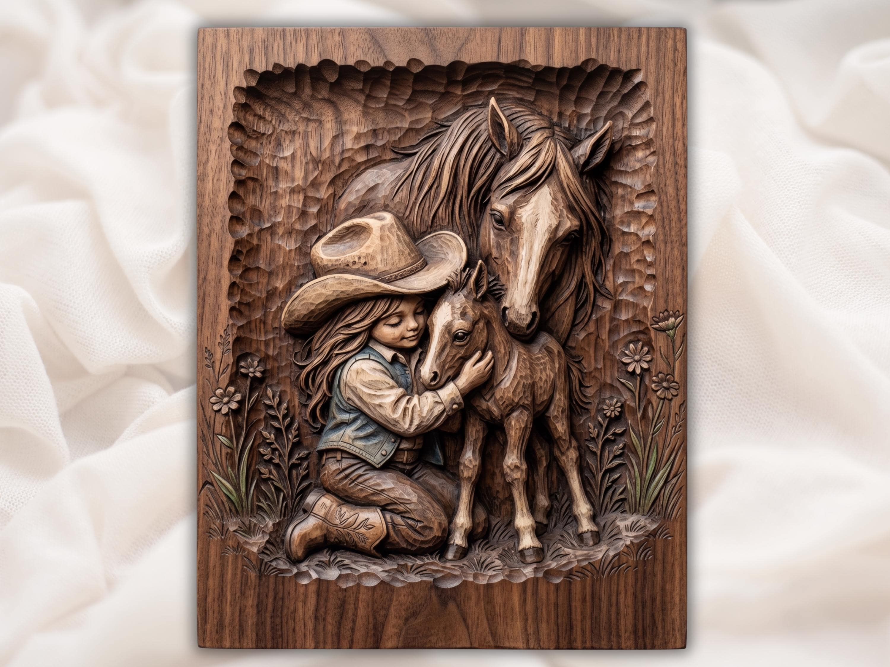 Wood bas-relief of a cowgirl in a hat hugging a young foal while a mare stands behind them