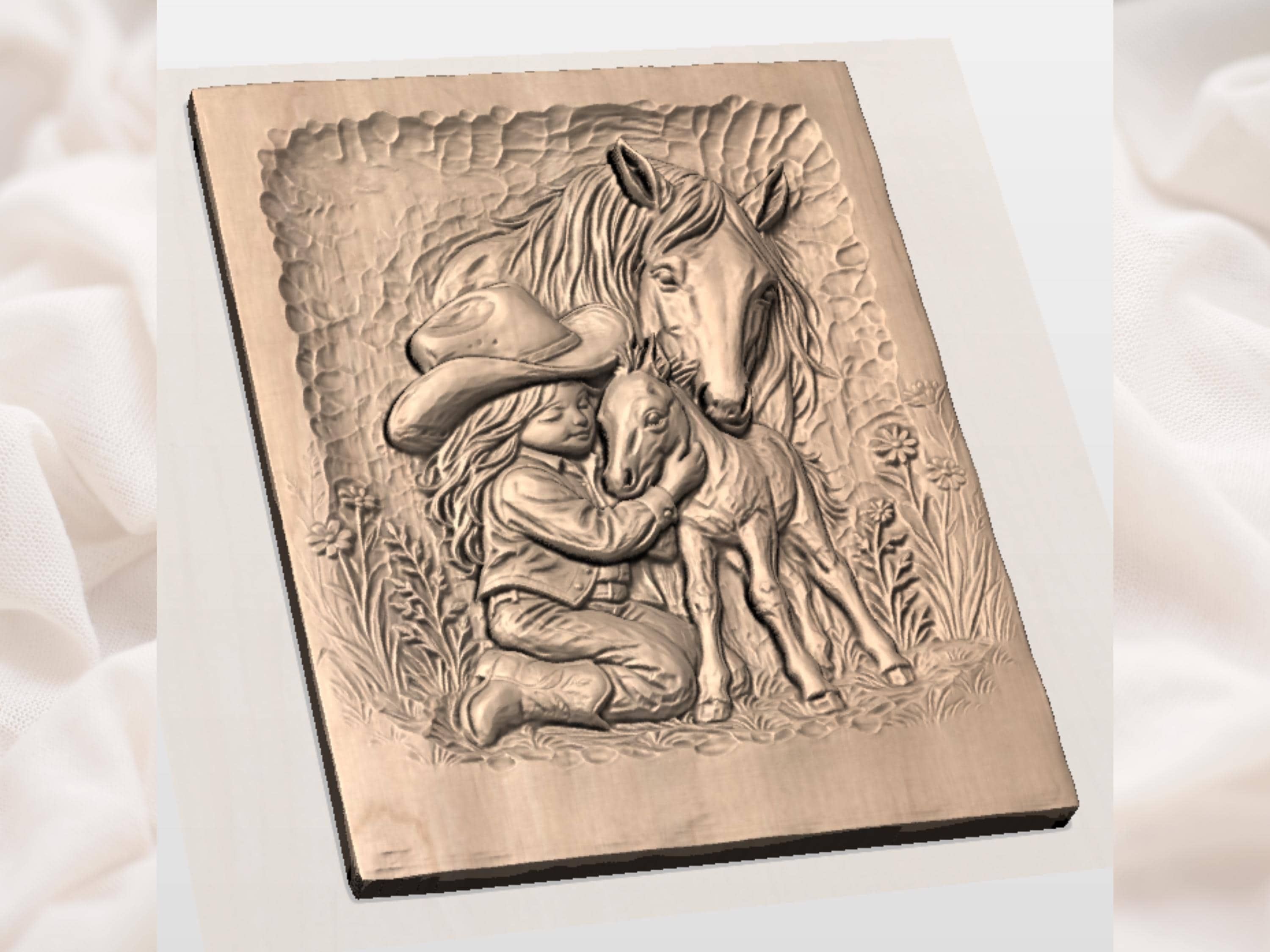 Cowgirl Hugging Foal with Mare Bas-Relief STL Carving bas-relief STL — view 2
