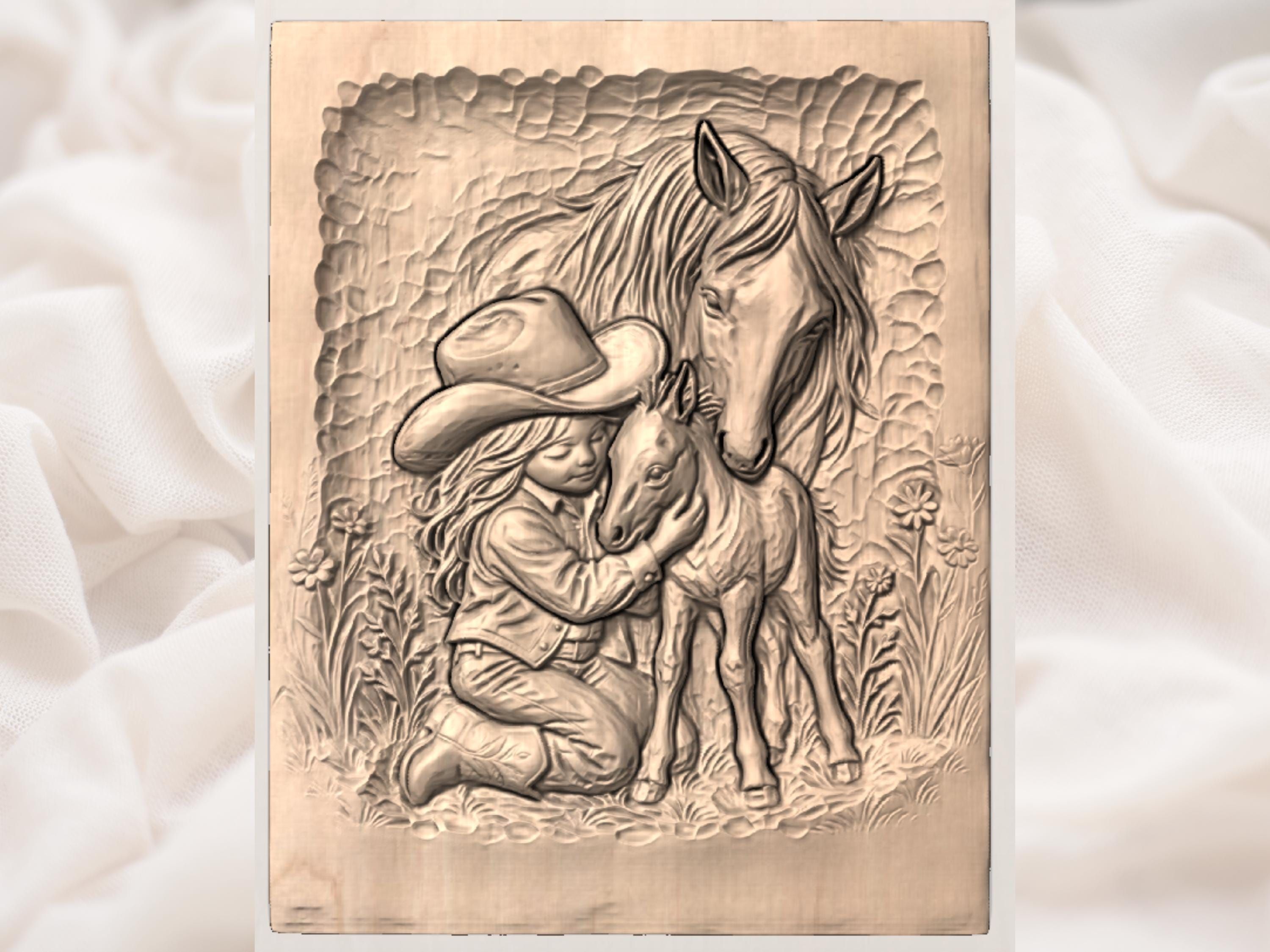 Cowgirl Hugging Foal with Mare Bas-Relief STL Carving bas-relief STL — view 3