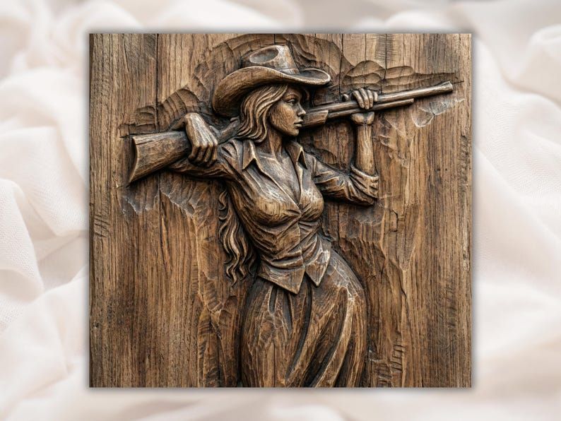 Carved wood relief of a cowgirl in a hat holding a rifle across her shoulder on a wood-grain panel