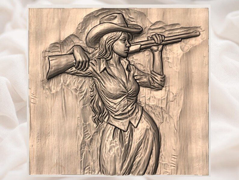 Cowgirl with Rifle Resting on Her Shoulder Relief STL bas-relief STL — view 3