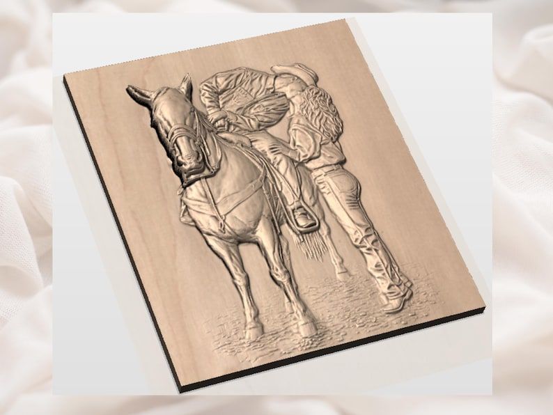 Cowboy Kissing His Cowgirl Beside the Horse Bas-Relief STL bas-relief STL — view 2