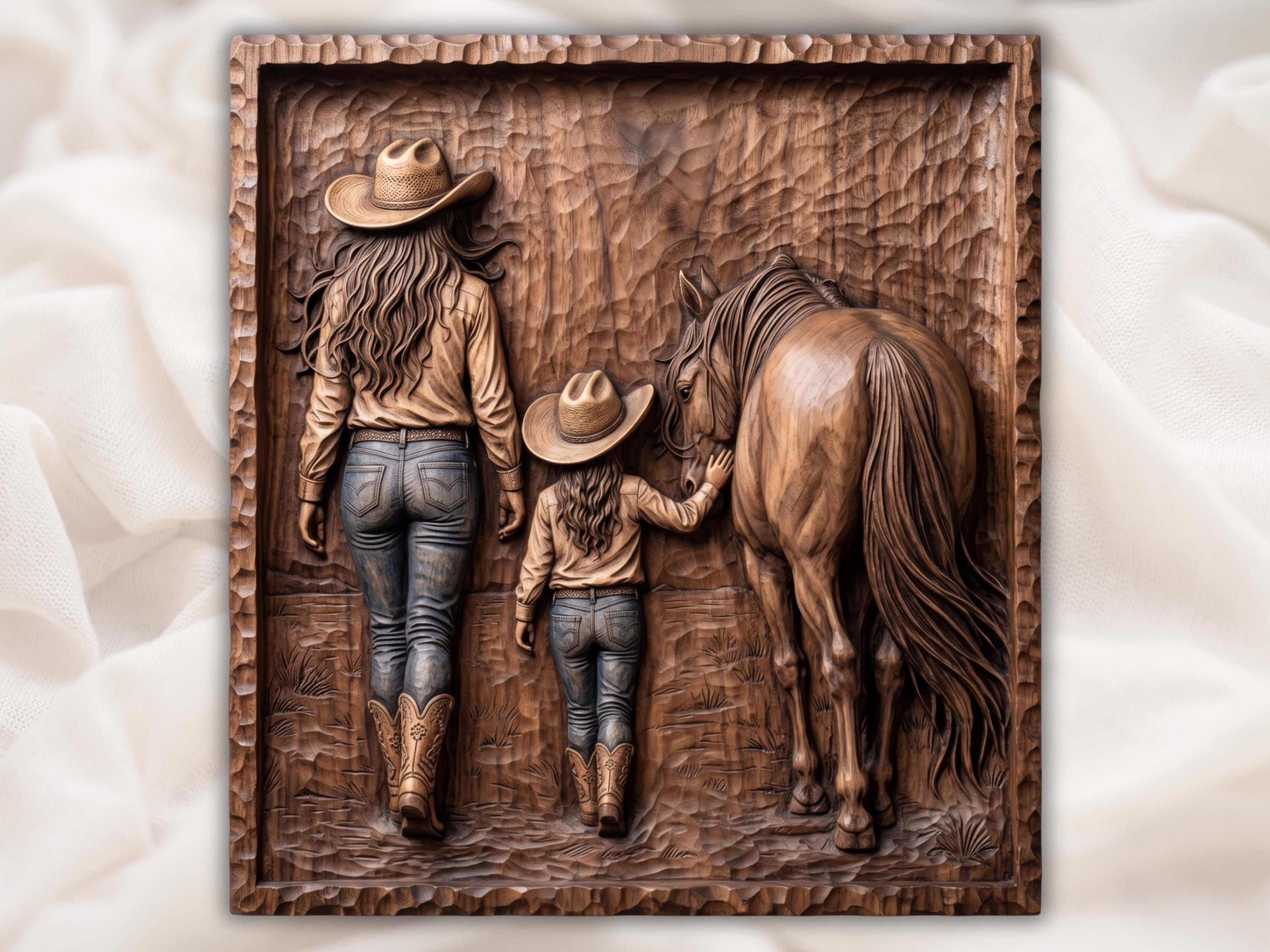 Wood bas-relief carving of a young cowgirl in a straw hat and boots petting a horse beside a cowboy